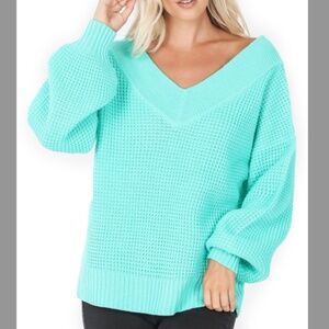 Balloon Sleeve Wide Double V-Neck Waffle Sweater